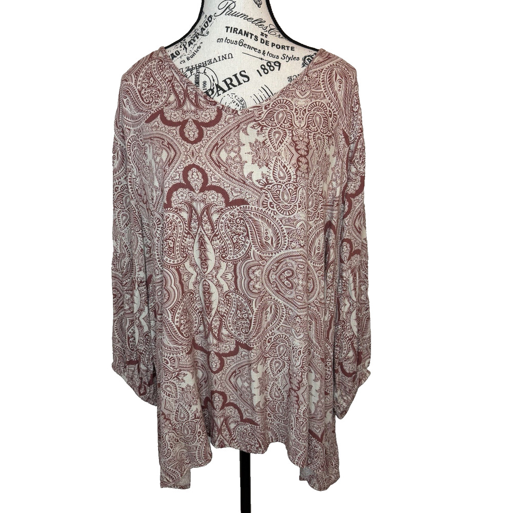 Long Sleeve Women’s Tunic Top Size 3X Red & Ivory Paisley No Brand Label Flowy